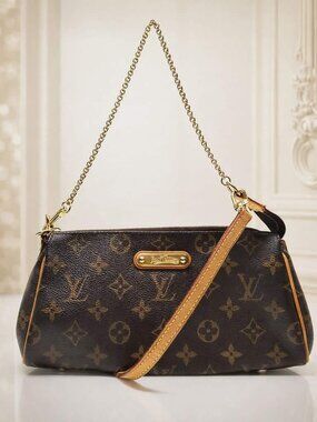 Authentic Louis Vuitton Monogram Eva Clutch Crossbody Bag Brown Canvas